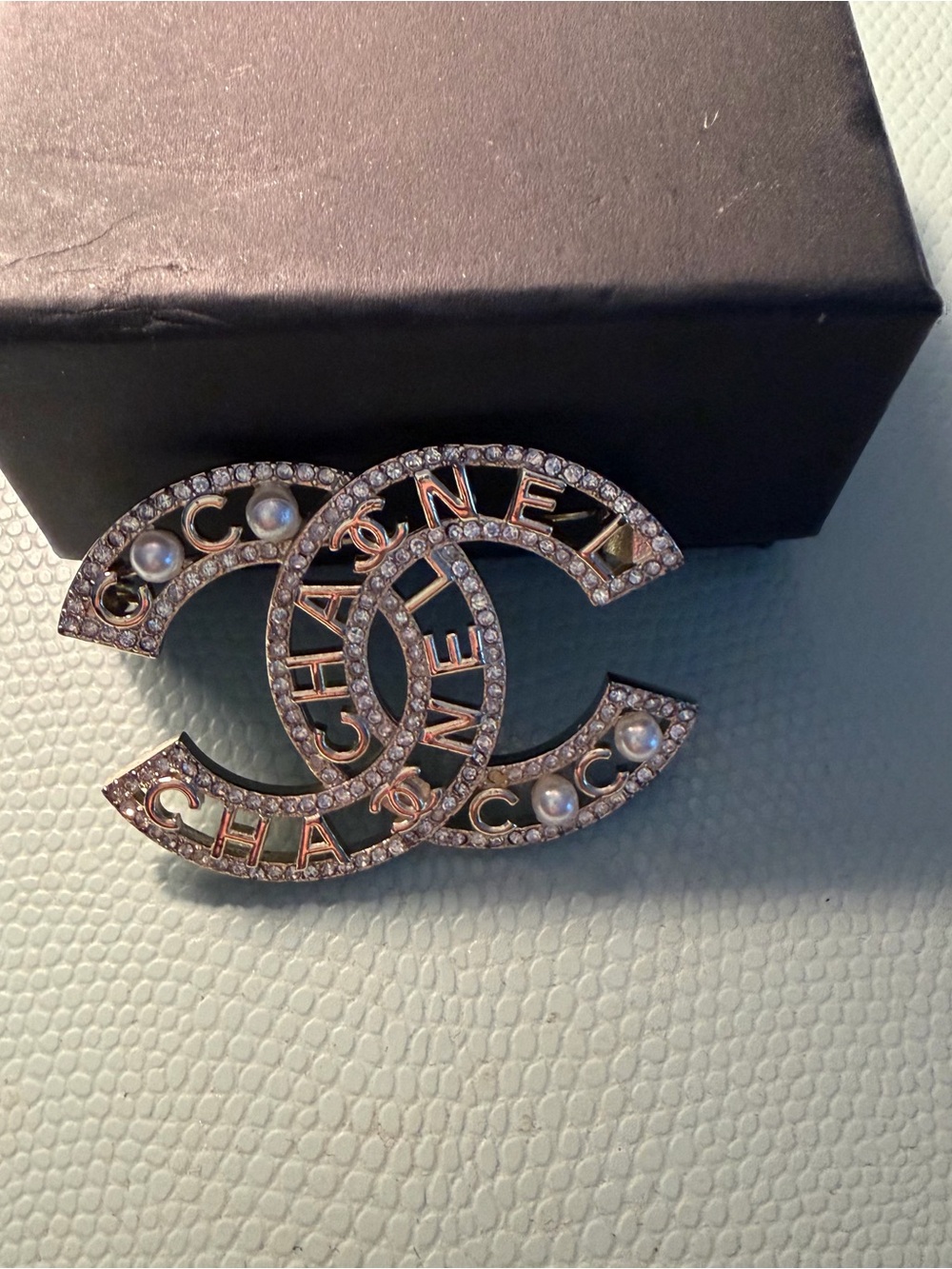 CHANEL Gold Tone Double C Crystal & Pearl Brooch